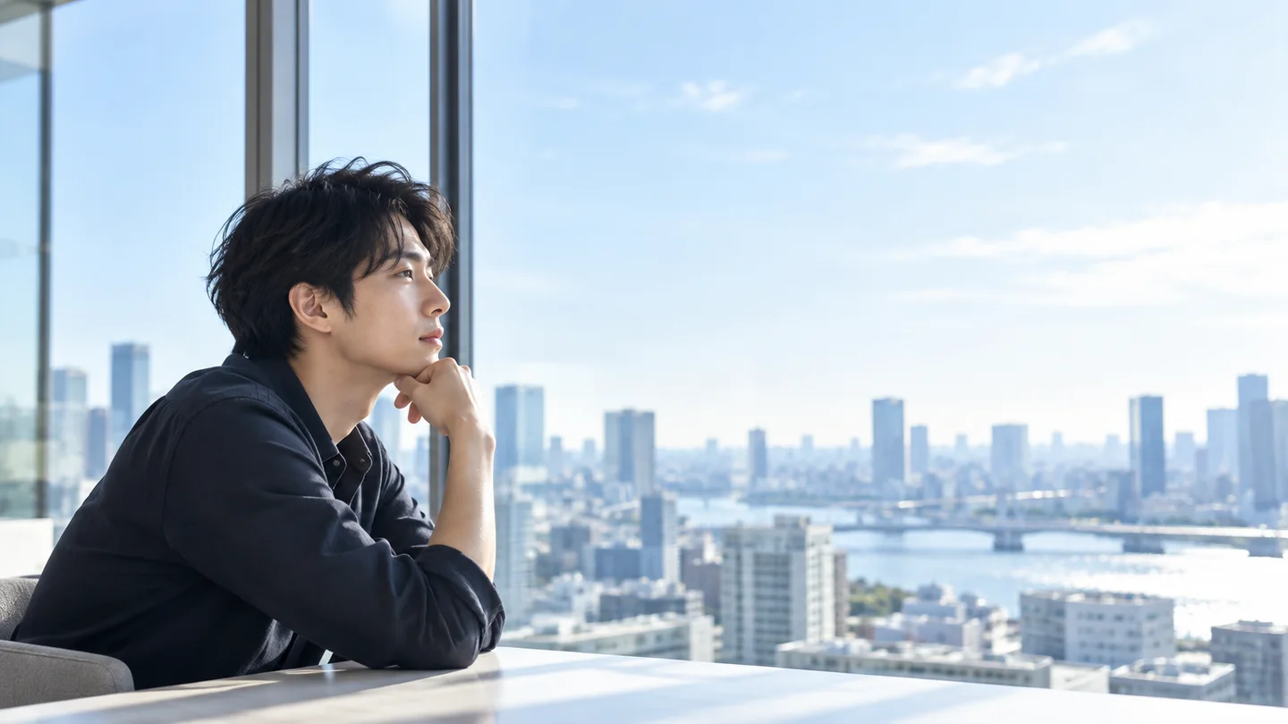 広い窓辺で街を見ながら未来を考える人物